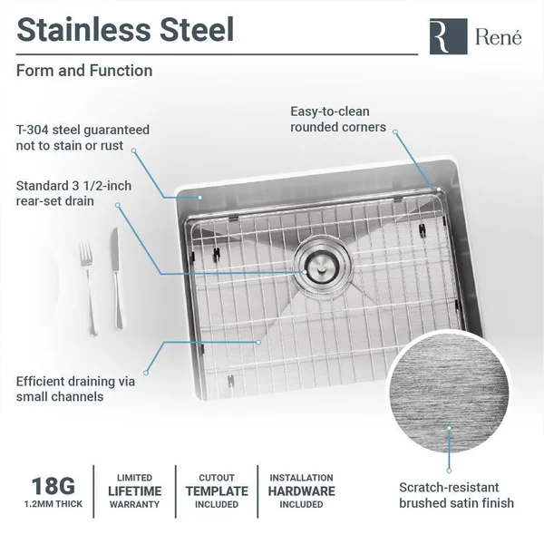 Rene R1-1015-18 23 inch Stainless Steel Single Bowl 3/4 inch Radius 18 Gauge Kitchen Sink with Cutting Board - Grid and Basket ST