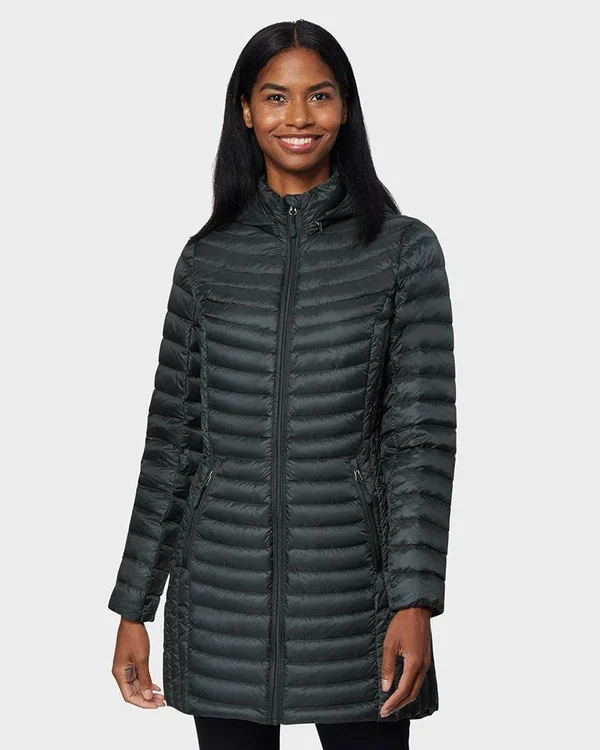 32 Degrees Women's Ultra-Light Long Packable Down 3/4 Jacket Darkest Spruce, XL