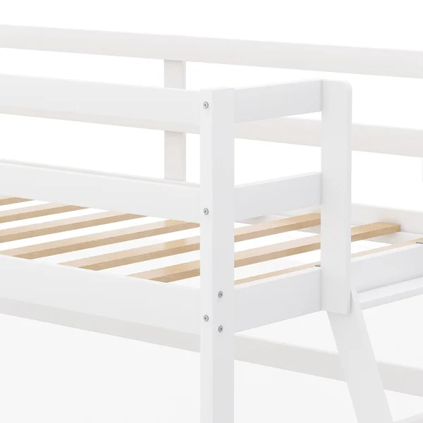 Wooden Twin Size Low Loft Bed with Ladder - White