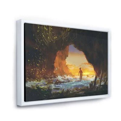 The Man Walking in The Sea Cave at Sunset - Painting on Canvas East Urban Home Format: White Floater Frame, Size: 16x22 H x 32x2