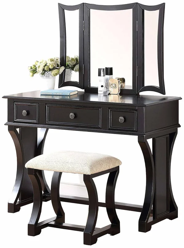Poundex Black Vanity Set with Stool