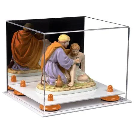 Versatile Acrylic Display Case - Small Rectangle Box with Mirror, Orange Risers and White Base 8.75 inch x 7.75 inch x 7 inch (a