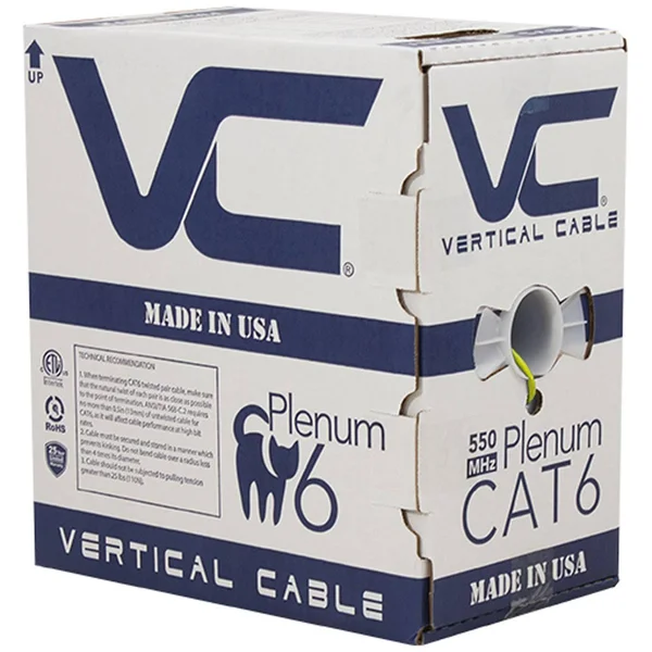 Vertical Cable Cat6, 550 MHz, UTP, 23AWG, 8C Solid Bare Copper, Plenum, 1000ft, Yellow, Bulk Ethernet Cable - Made in USA