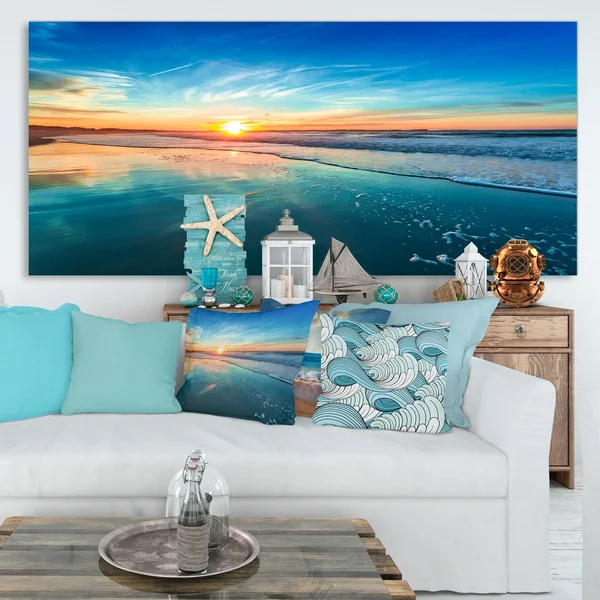 Designart &Blue Seashore with Distant Sunset & Seascape Canvas Art Print - Size: 60 inch x 28 inch