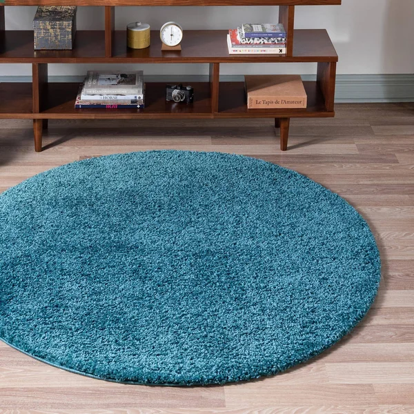 Soft Solid Shag 3 ft Round Turquoise Blue Abstract Area Rug