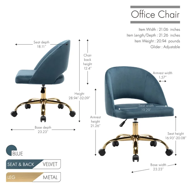 Porthos Home Naiko Velvet Upholstery Swivel Office Chair - Grey