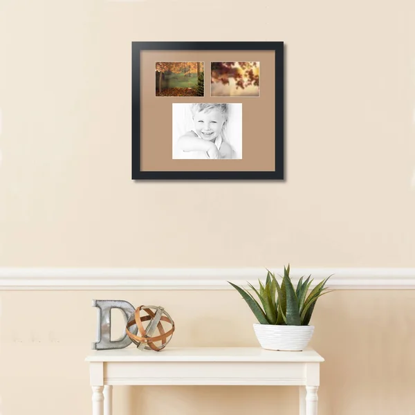 Collage Picture Frame, Satin Black Frame with 3 openings for 8x10 Photos with Brown Desert Sand Mat. D3926DZ488, ArtToFrames