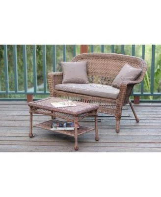Jeco W00207-LCS007 Black Wicker Patio Love Seat and Coffee Table Set with Brown Cushion
