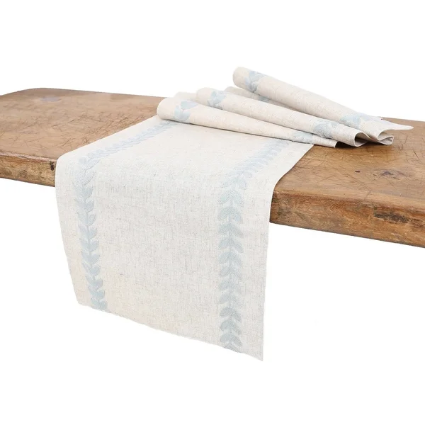 Manor Luxe 15 in. x 90 in. Cute Leaves Crewel Embroidered Table Runner - White/Natural
