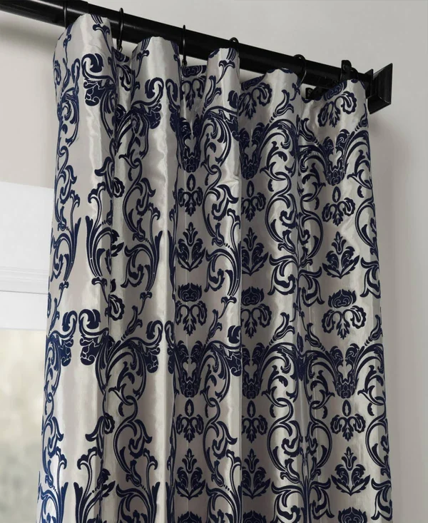 Exclusive Fabrics Firenze Silver & Blue Flocked Faux Silk Curtain, 84 Inches