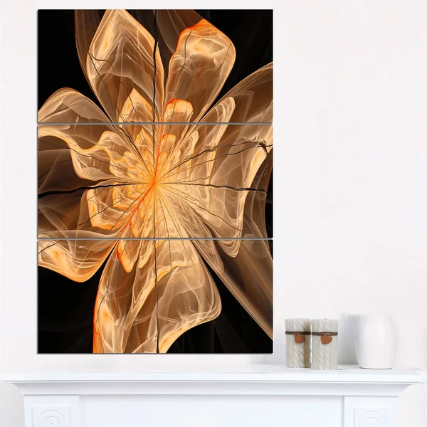 Design Art Light Orange Symmetrical Fractal Flower - 3 Piece Graphic Art on Wrapped Canvas Set - Black