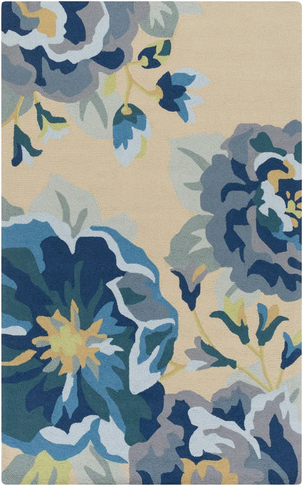 Modern BHS-0057099 Hooked Poly Blue Outdoor Floral Door Mat, 3' x 5'