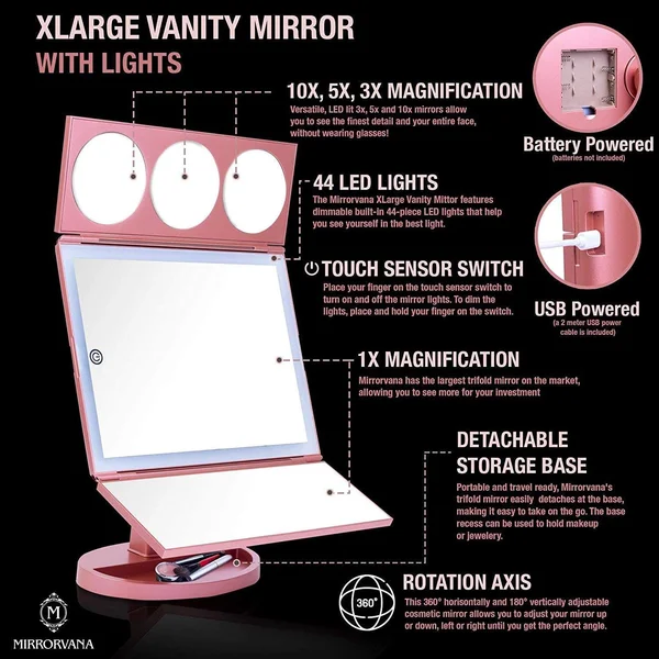 Mirrorvana Xlarge Vanity Mirror with Lights, Extravagant Trifold LED Lighted Makeup Mirror with 3X 5X 10x Magnification & B