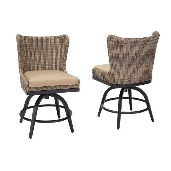 Home Decorators Collection Hazelhurst Brown Wicker Outdoor Patio Swivel High Dining Chairs with Sunbrella Beige Tan Cushions (2