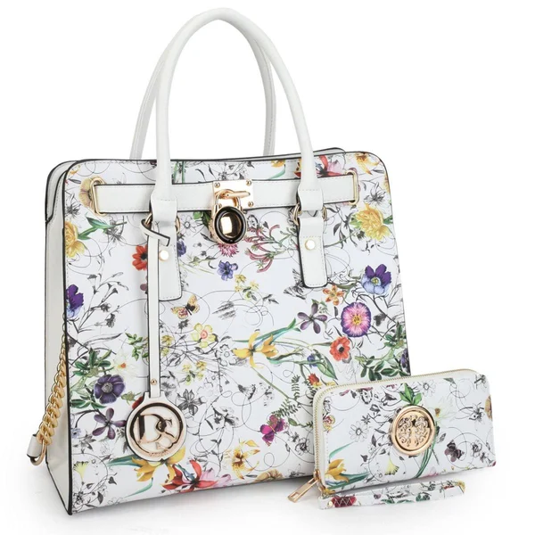 Dasein Large Flower Print Satchel with Matching Wallet White, Women's