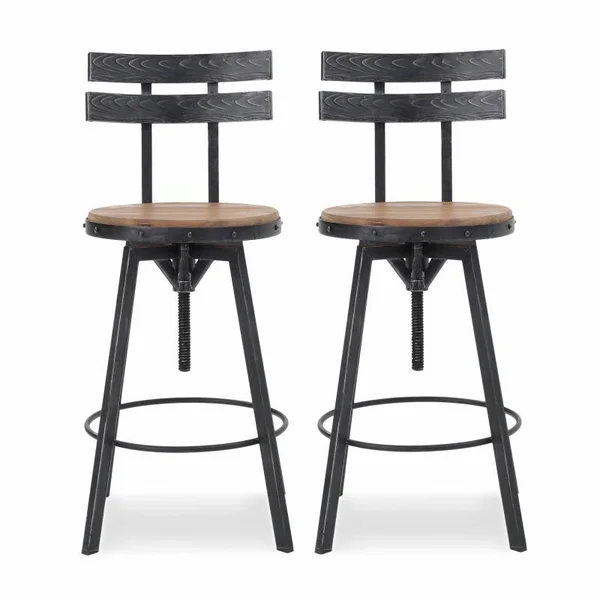 Noble House Frontage Firwood Adjustable Height Swivel Barstools, Set of 2, Natural and Black Brushed Silver