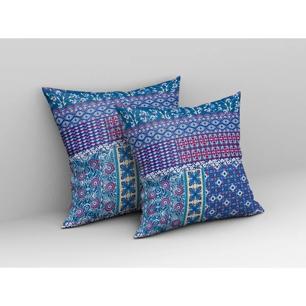 Amrita Sen Flower Castle Patchwork Suede Zippered Pillow W Insert in Navy and Maroon - 16x22x16x22