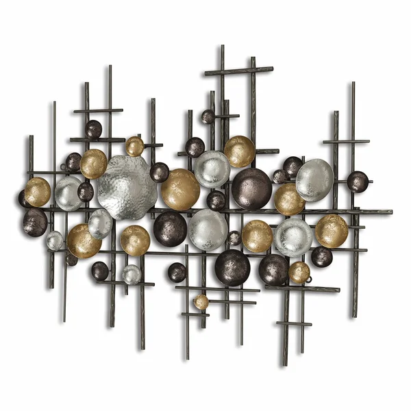 Modernist Floating Circles, Abstract Metal Wall Art, Artisan Crafted, Rustic Gray, Pewter, Gold Gilt, Silver, Painted Iron, Over