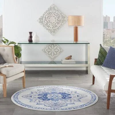Colo Oriental White/Blue Area Rug Bungalow Rose Rug Size: Round 5'