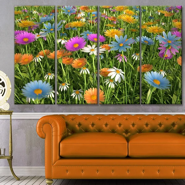 Design Art &Different Color Flowers in Field& Photographic Print Multi-Piece Image on Canvas - Size: 83 in. Wide x 32 in. High
