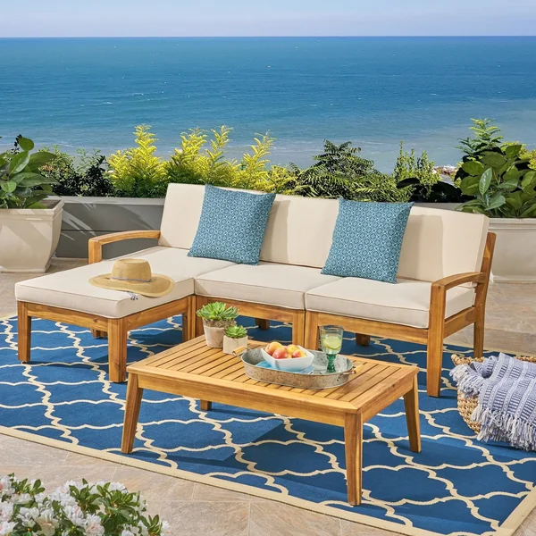Grenada Outdoor 3-Seater Acacia Wood Frame Sectional Sofa Set with Water-Resistant Cushion by Christopher Knight Home - Teak + B