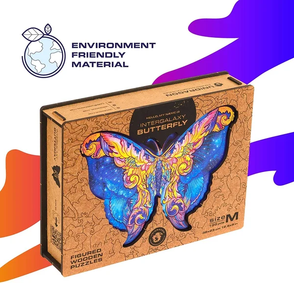 Unidragon Wooden Puzzle Jigsaw - Best Gift for Adults and Kids, Unique Shape Jigsaw Pieces Intergalaxy Butterfly, 12.6 x 9 in (32