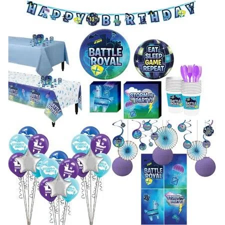 Party City Battle Royal Ultimate Tableware Supplies for 16 Guests, with Table Covers, Decorations and More