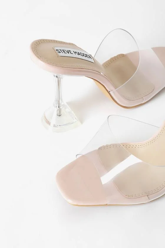 Steve Madden, Silver Cyrus Clear Lucite High Heel Sandals, Womens, 5.5, Vegan Friendly