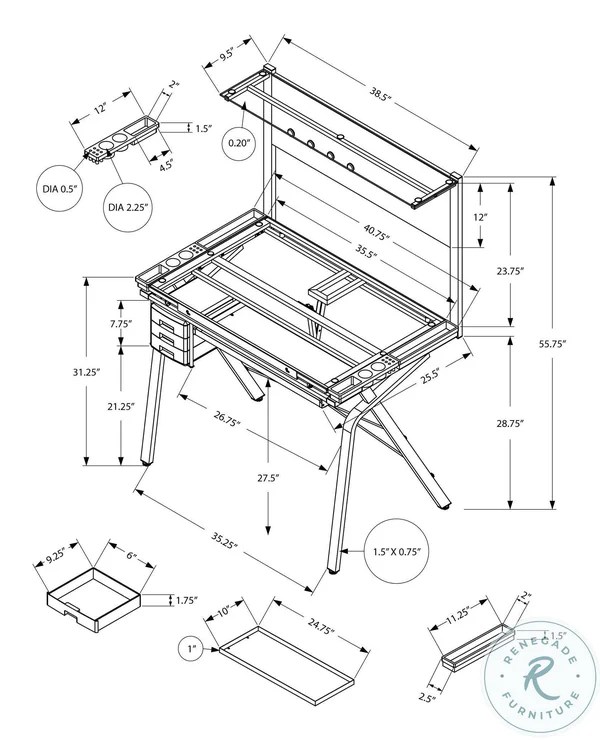 Monarch Specialties Adjustable & Black Metal Tempered Glass Drafting Table