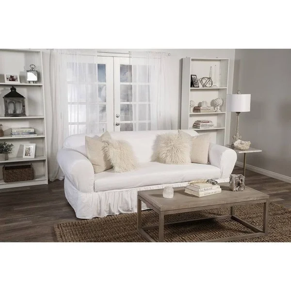Classic Slipcovers Shabby Sofa Skirted Box Cushion Slipcover - White