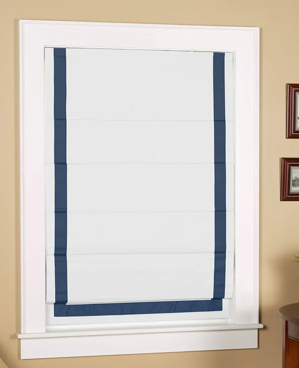 Cordless White Blackout Roman Shade with Navy Ribbon Border