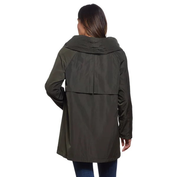 Martha Stewart Pleated Hood Rain Coat - Polyester in Deep Olive, Xs