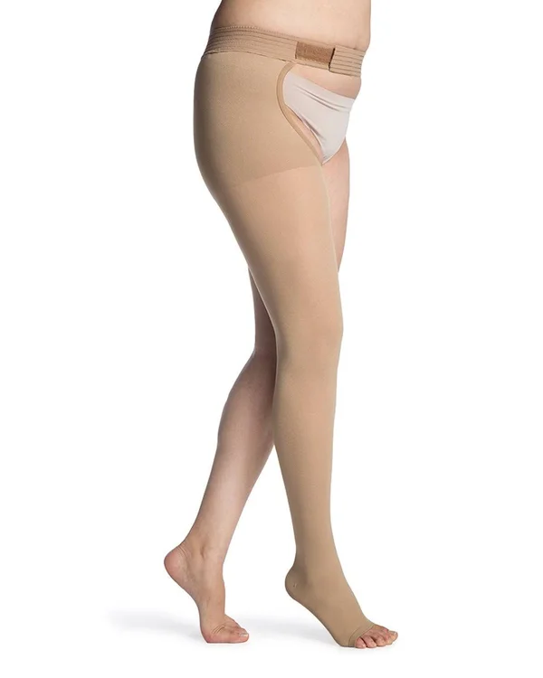 Sigvaris Natural Rubber 40-50 mmHg Open Toe Thigh High w/ Waist Attachment, Beige, S4, Right