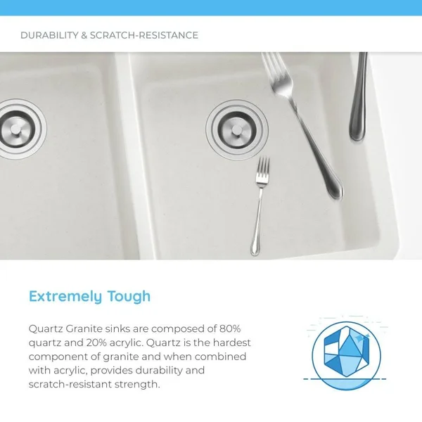 Mr Direct White Quartz Granite 33 in. Double Bowl Undermount Kitchen Sink with Matching Strainers