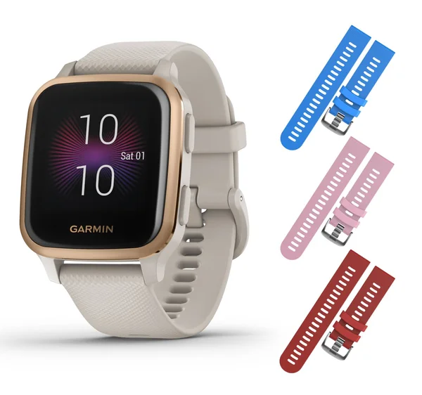 Garmin Venu Sq Music GPS Fitness Smartwatch and Included Wearable4U 3 Straps Bundle (Blue/Pink/Red - Light Sand/Rose Gold 010-024