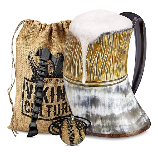 Viking Culture Ox Horn Mug, Norse Pendant, and Axe Bottle Opener (3 pc. Set) Aut