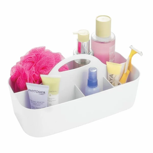 mDesign Plastic Portable Storage Organizer Caddy Tote - Divided Basket Bin with Handle for Bathroom, Dorm Room - Holds Hand Soap
