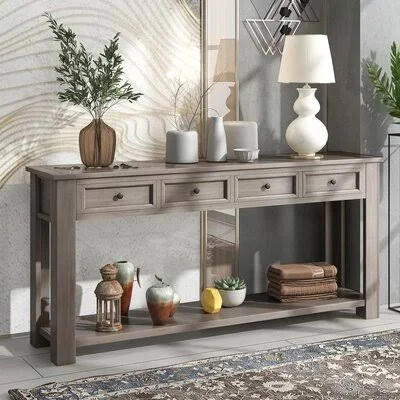 Console Table for Entryway Hallway Sofa Table with Storage Drawers and Bottom Shelf (Gray Wash) Rosecliff Heights Color: Gray Wa