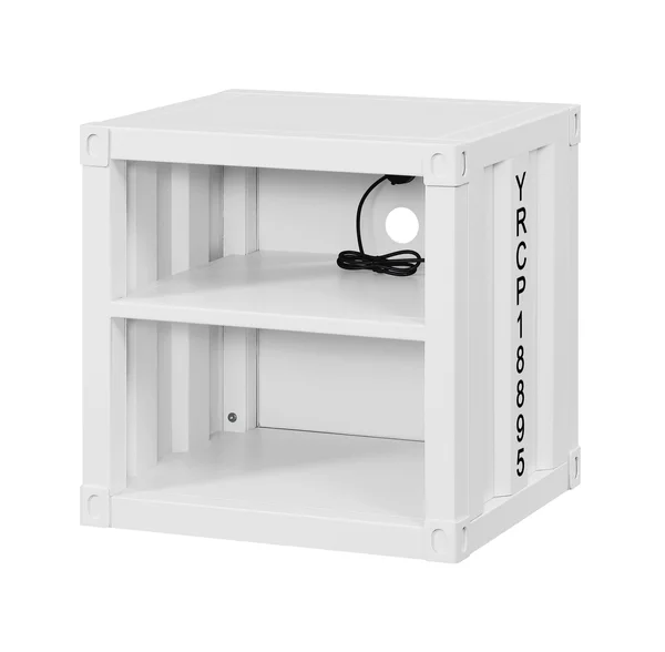 Benzara Metal Nightstand with 2 Open Compartment and USB Port - White