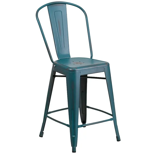 Flash Furniture Distressed Metal Indoor/Outdoor Counter Stool with Back in Kelly Blue