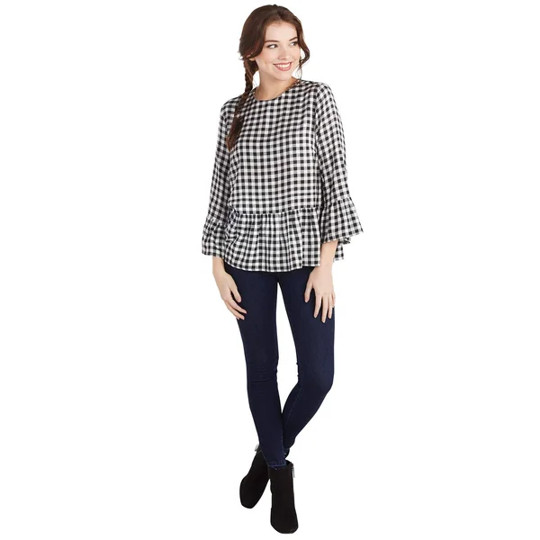 Mud Pie Womens Flora Flounce Shirt-Black and White Gingham