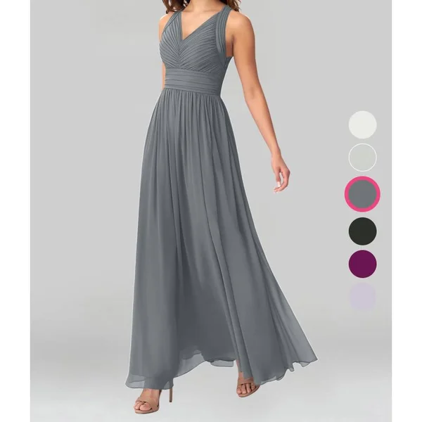 Azazie A-Line/Princess V-Neck Floor-Length Chiffon Bridesmaid Dresses - Steel Grey