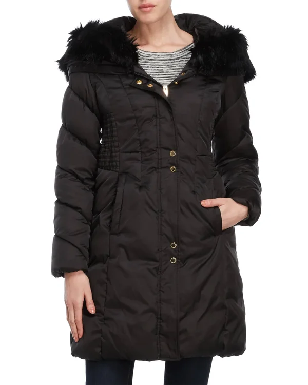 Via Spiga Womens Winter Faux Fur Parka Coat, Black