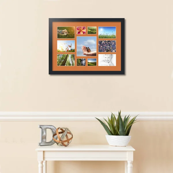 Collage Picture Frame - Satin Black Frame with 11 openings for 4x6 Photos with Orange Octoberfest Mat. D3926DP566, ArtToFrames