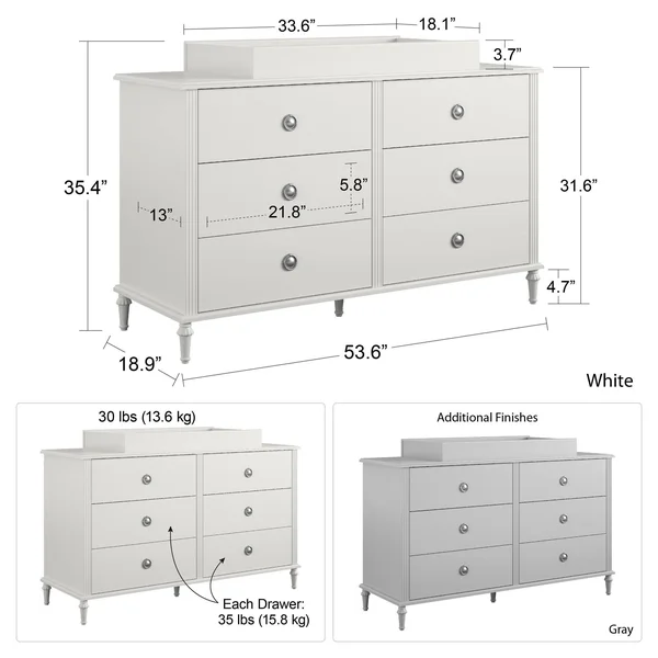 Little Seeds Rowan Valley Arden 6 Drawer Grey Changing Dresser, Gray