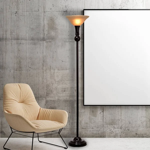 72x22 3-Way Metal Uplight Floor Lamp with Frosted Amber Glass Shade Black - Cresswell Lighting