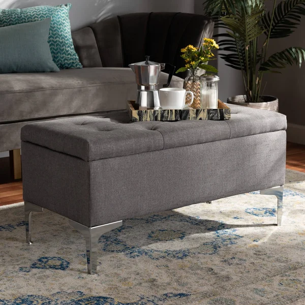 Mabel Modern and Contemporary Fabric and Silver Metal Storage Ottoman - Blue