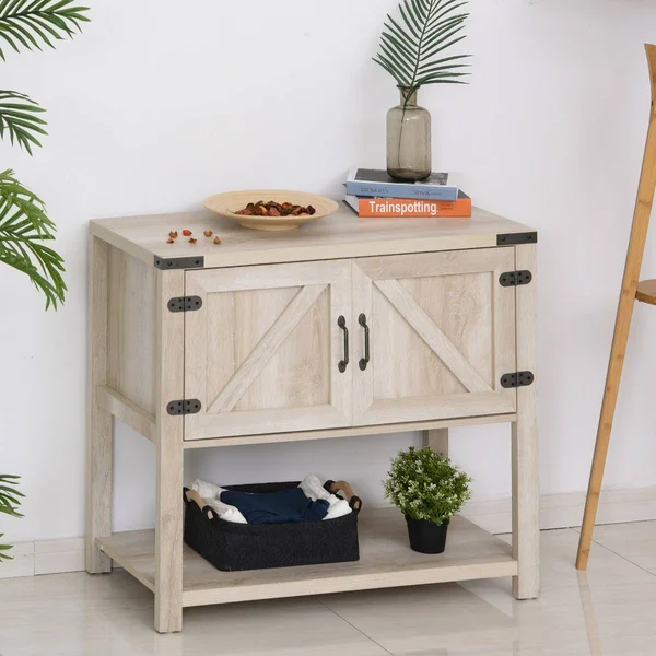 HOMCOM 2-Door Free Standing Storage Cabinet with Bottom Shelf - Kitchen Cupboard, Entryway Storage Cabinet - Oak