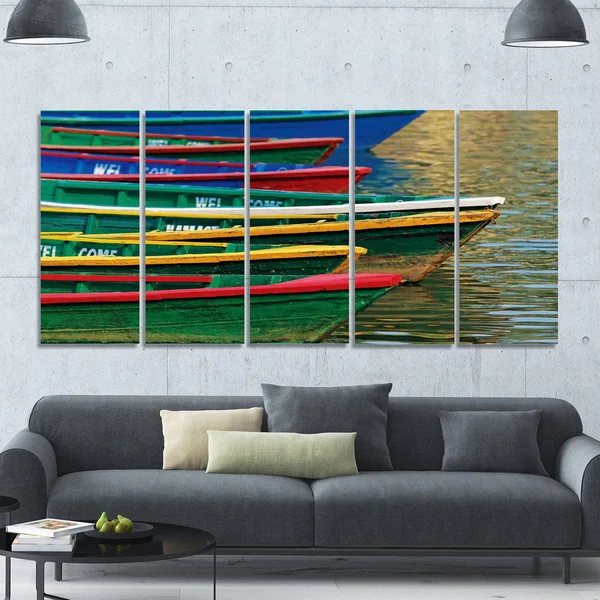 Design Art 'Color Boats on Phewa Lake Nepal' 6 Piece Photographic Print Set on Canvas - Green