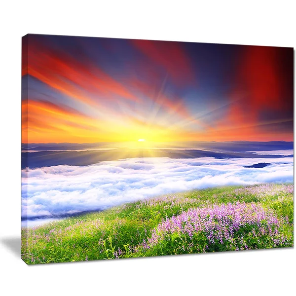 Design Art Sunrise with Blooming Flowers - Landscape Art Canvas Print - Red - 40 in. Wide x 20 in. High